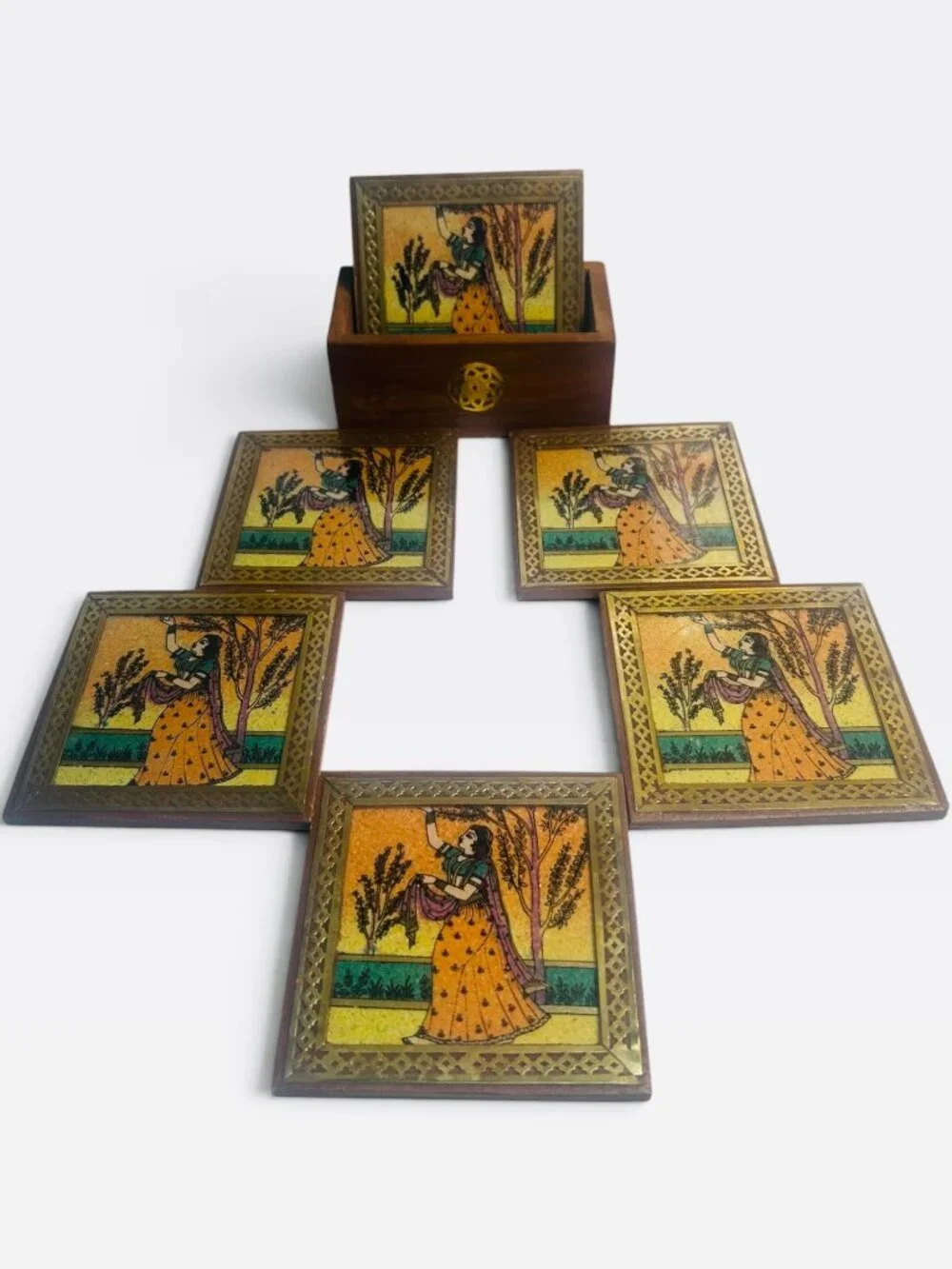 Vintage Indian Sand Gemstone Painting Drink Coasters Brass Wood Set 6 Velvet Box